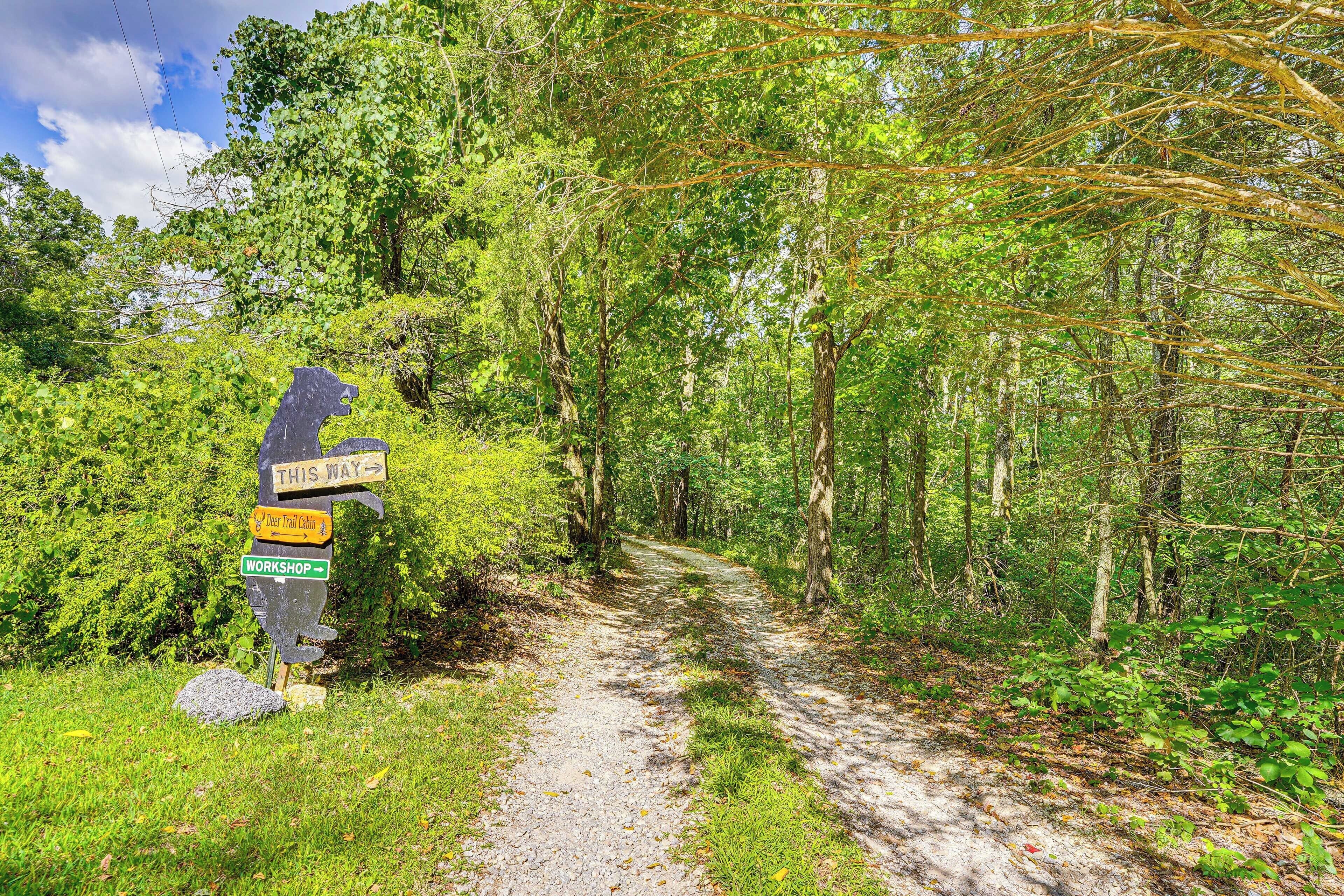 Ein Waldweg mit Hinweisschildern und einem Schild für eine Werkstatt.