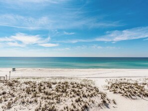 A beach with white sand and sparse vegetation, a clear blue sky, and calm ocean waters. - Calle Bonita | Gulf-Front Views + Fun Area with Much to Do! (Pensacola Beach)