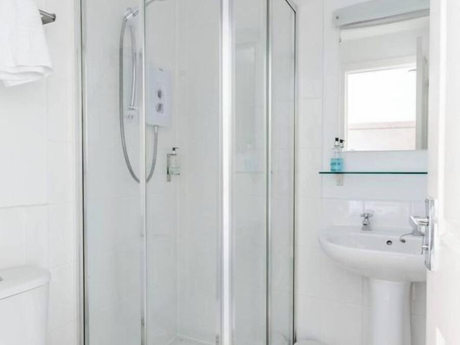 A modern bathroom with a glass-enclosed shower, a white sink, and a toilet.