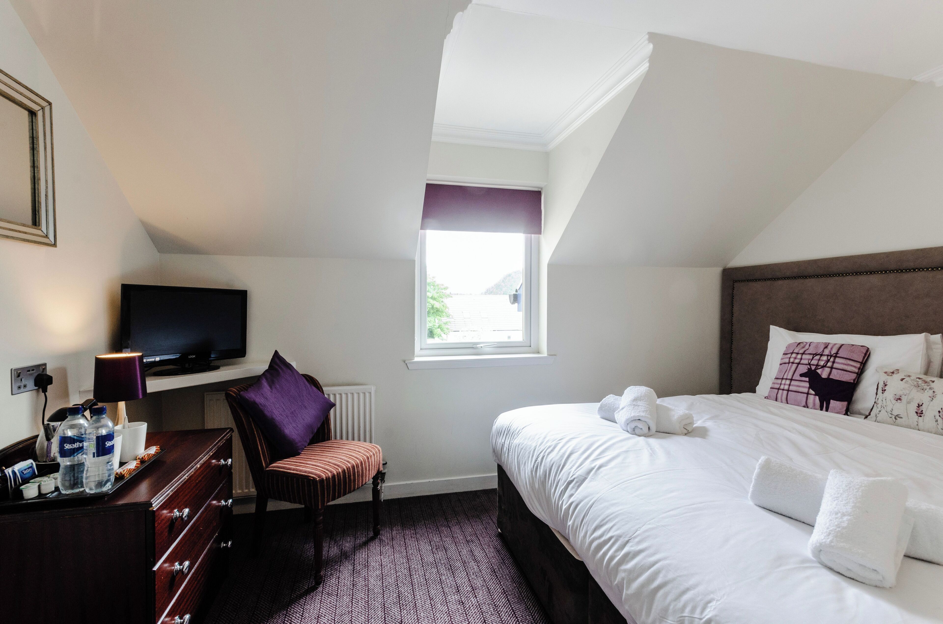 Een hotelkamer met een bed, een televisie, een bureau met een computer, een stoel en een raam met uitzicht op het omliggende landschap.