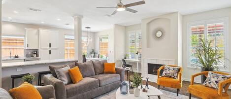 Télévision, cheminée, espaces bureaux