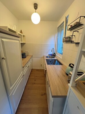 Kühlschrank, Mikrowelle, Herdplatte, Wasserkocher