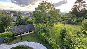 Un quartier résidentiel avec une maison, un grand arbre et un chemin pavé.