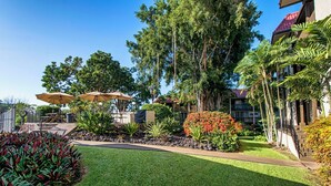 A well-maintained garden with a pathway, outdoor seating, and a variety of plants.