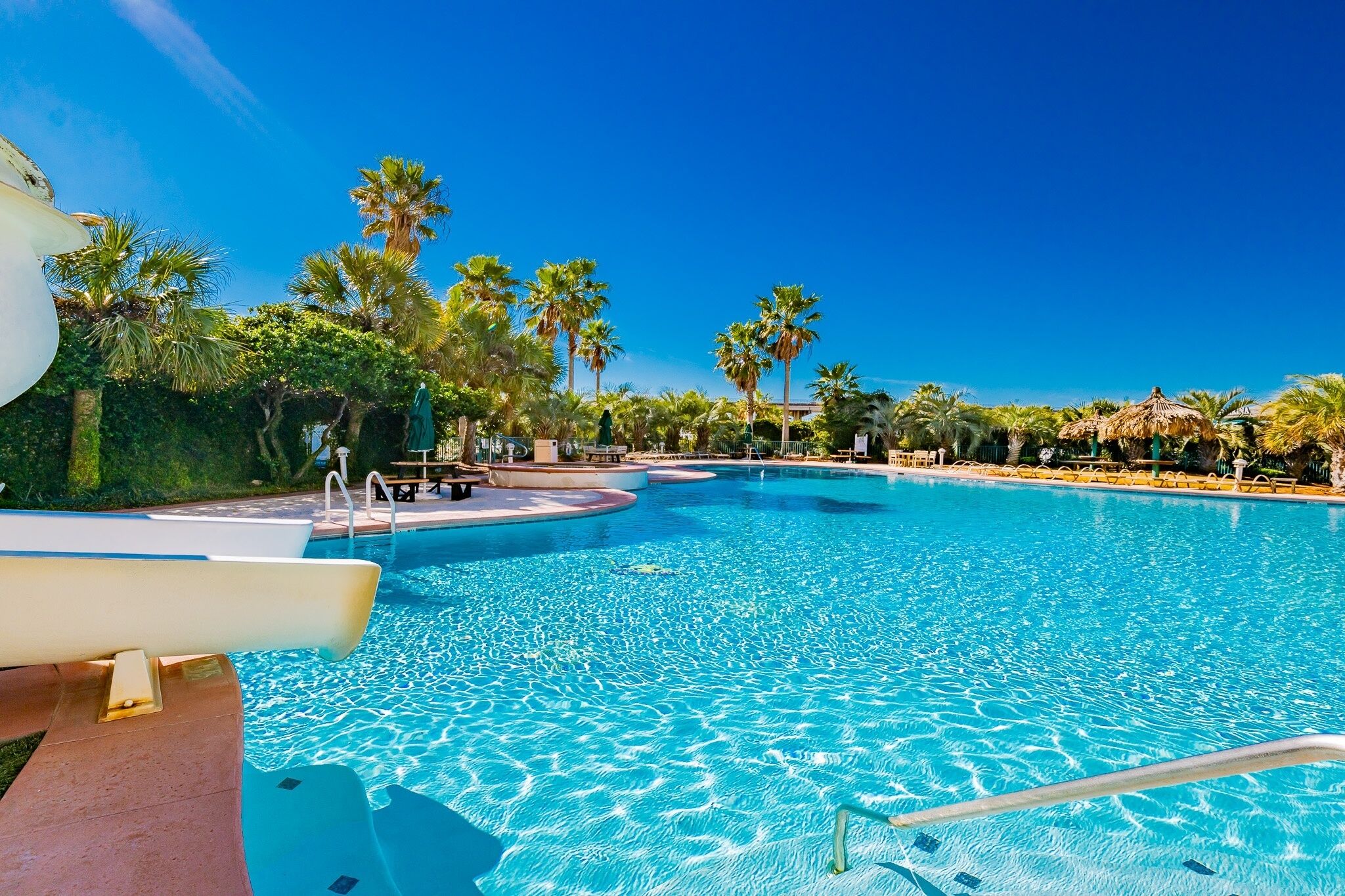 Una piscina azul cristalina rodeada de palmeras y sillas de descanso.