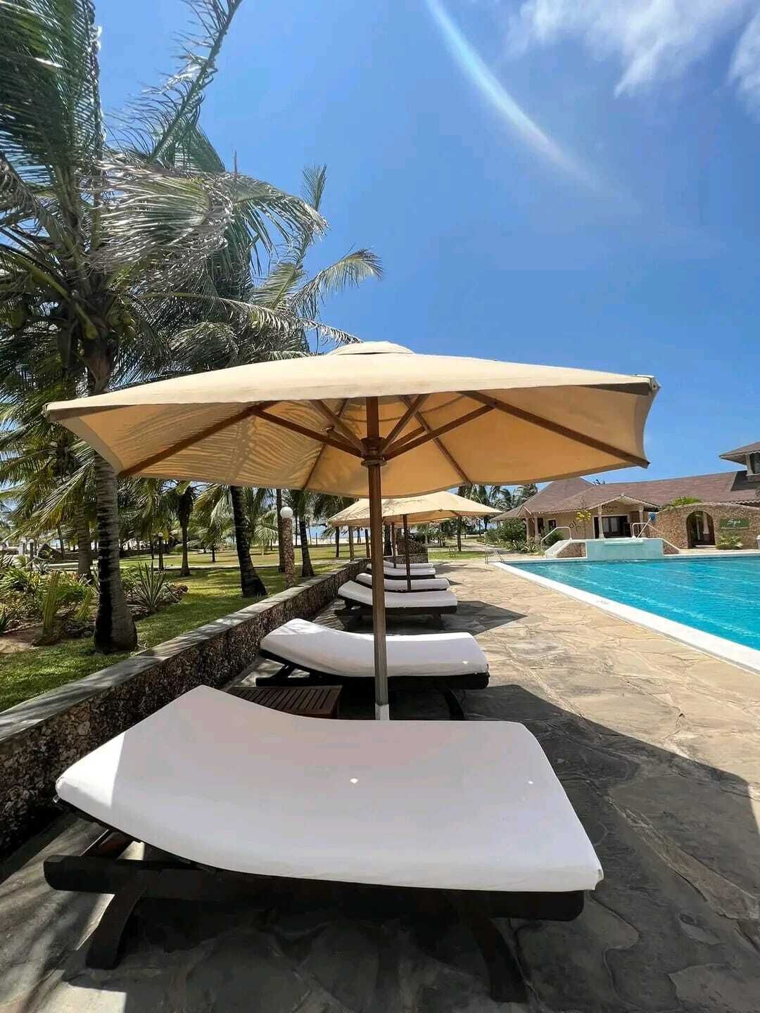 Zona de piscina con sillas de descanso y sombrillas, rodeada de palmeras y un cielo despejado.