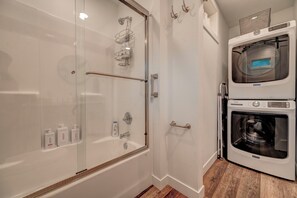 Hair dryer, towels, soap, shampoo
