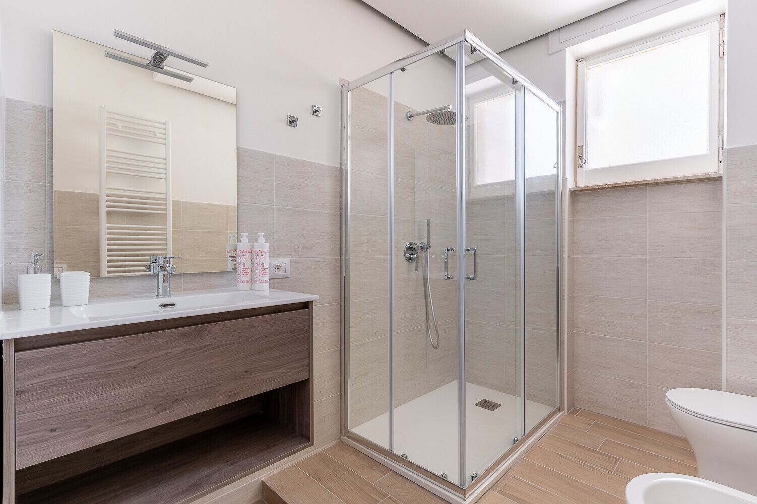 Shower, hair dryer, bidet, towels