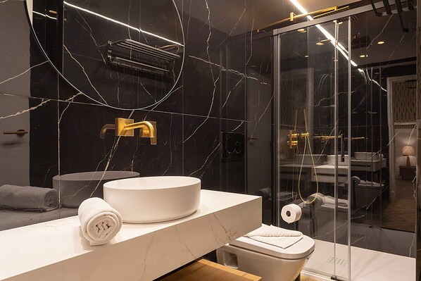 Shower, hair dryer, towels