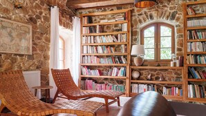 Un rincón acogedor para leer, con sillones de mimbre, una amplia estantería y una pared de piedra.