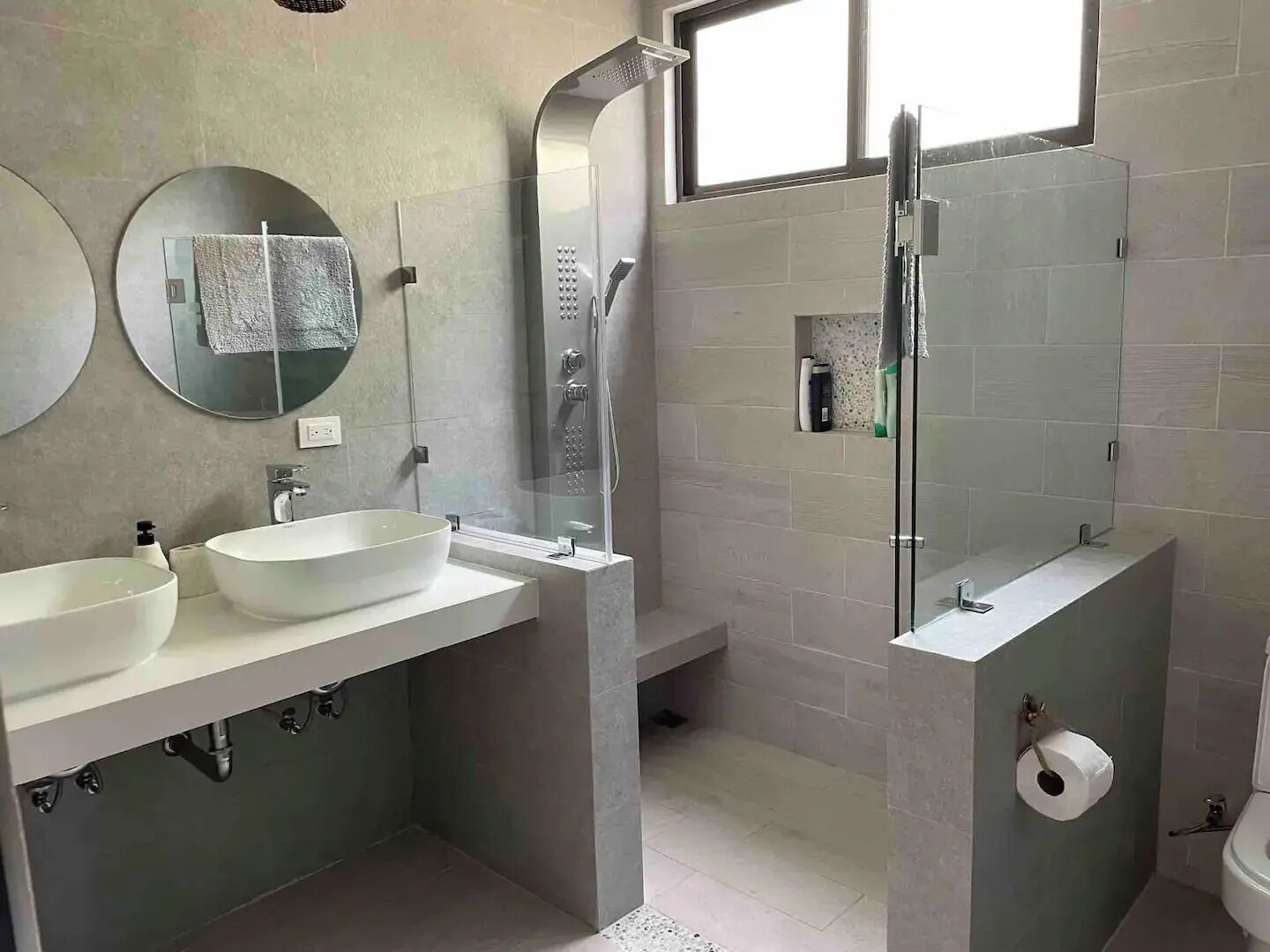 Hair dryer, towels, soap, shampoo