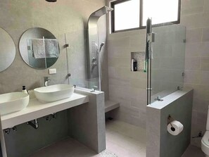 Hair dryer, towels, soap, shampoo