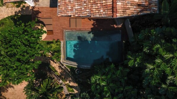Enjoy a serene outdoor space with a pool surrounded by lush greenery and a well-maintained garden.