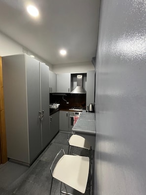Frigorífico, microondas, horno y placa de cocina