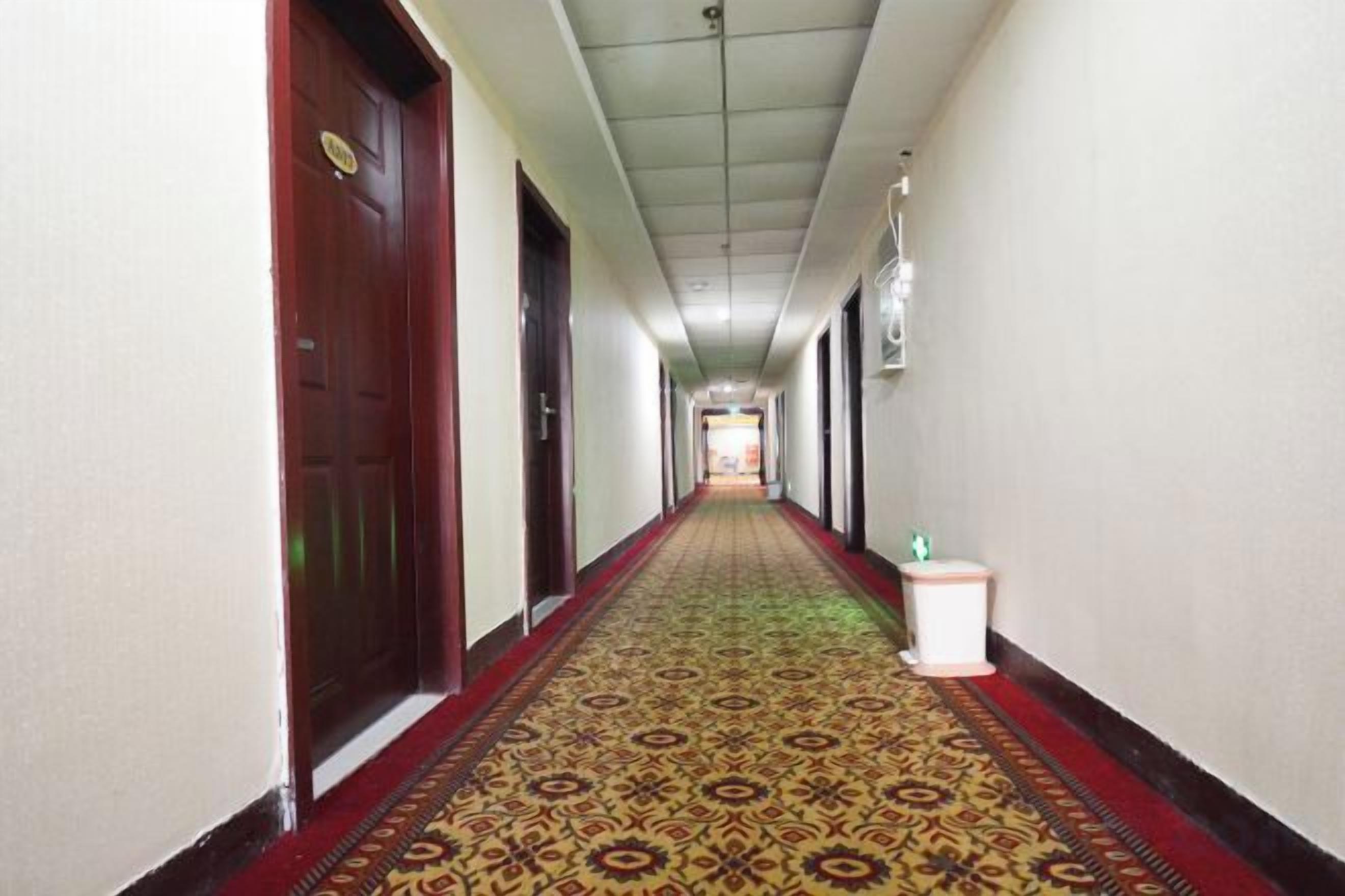 A hallway with doors on both sides, a patterned carpet, and a small white table with a green object on it.