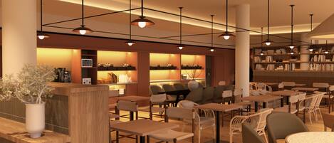Un café moderno con muebles de madera, lámparas colgantes y un ambiente acogedor.