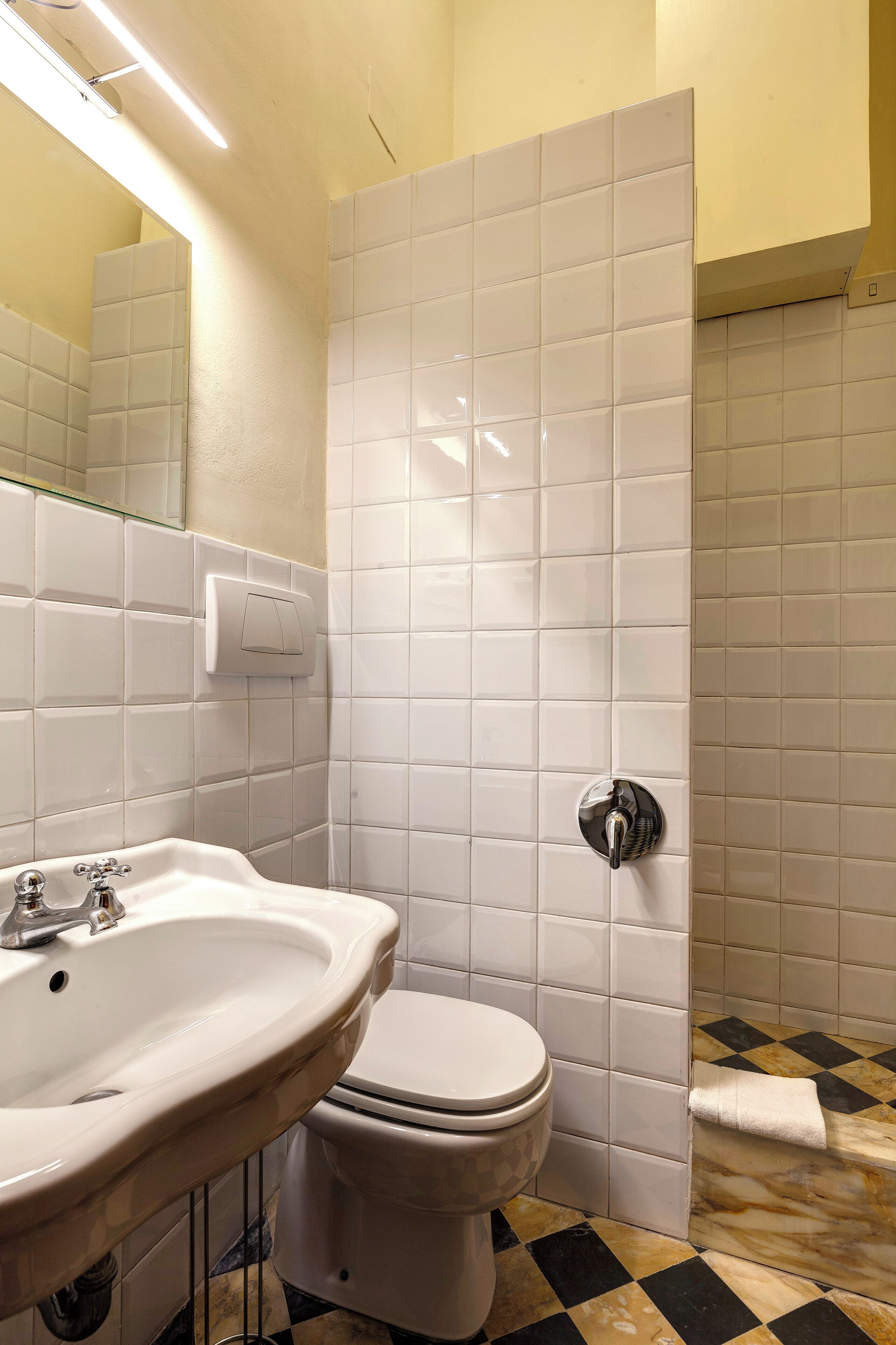 Un baño con lavabo, inodoro y zona de ducha.
