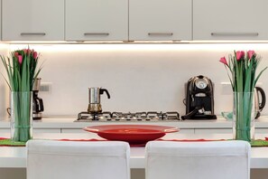 Lejlighed | Privat tekøkken | Køleskab, ovn, opvaskemaskine, espressomaskine