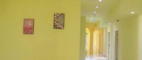 Un pasillo con una pared amarilla, cuadros enmarcados y un largo camino hacia una puerta.
