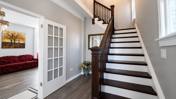 A staircase with dark wood steps and white trim, a red sofa in a room with a wooden floor, and a painting on the wall. - Lincoln Ave Home By Naval Base! (North Chicago)