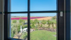 Una ventana con vista a un campo de flores rojas y un césped verde.