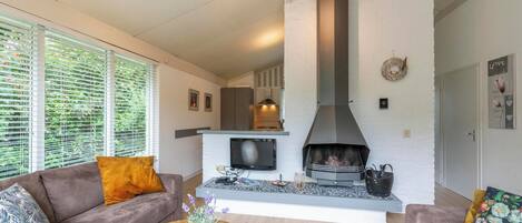 A modern living room with a fireplace, a sofa, a coffee table, and a television.