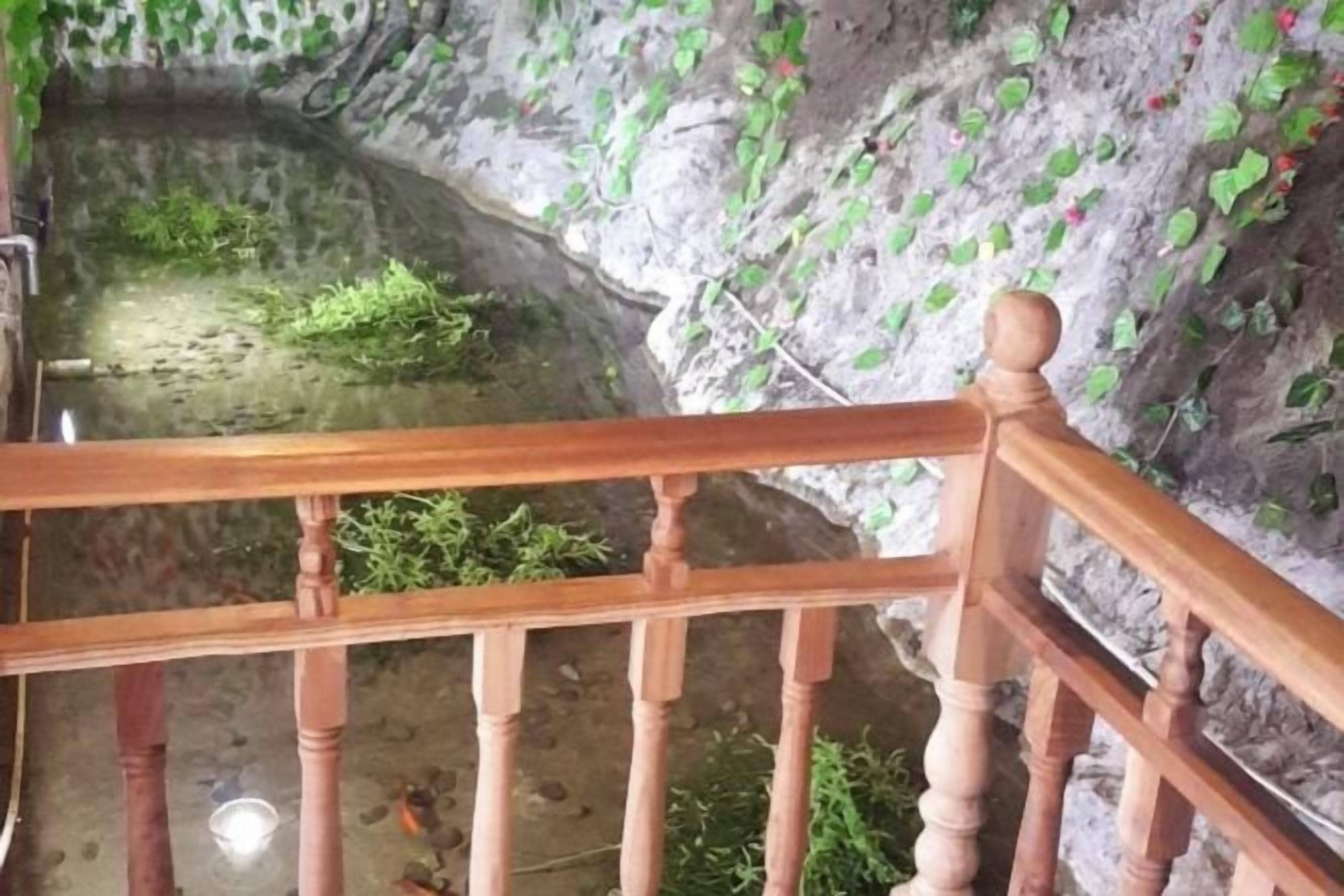 A wooden staircase leading to a cave-like area with a small pond.