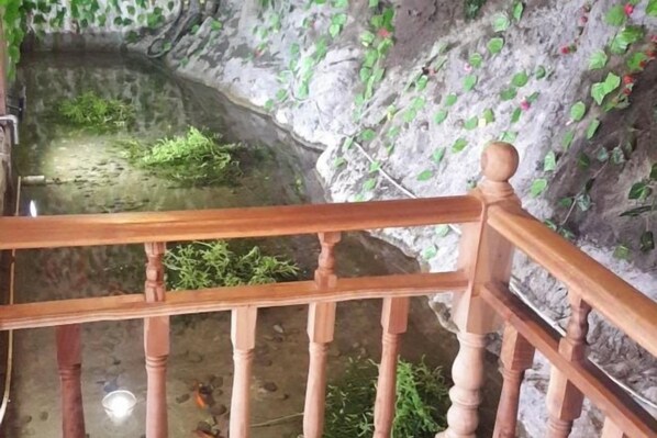 Un escalier en bois mène à une zone ressemblant à une grotte, où se trouve un petit étang.
