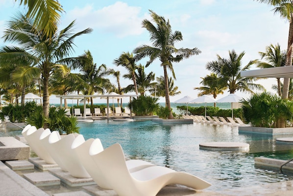 3 outdoor pools, open 8:00 AM to 6:00 PM, cabanas (surcharge)