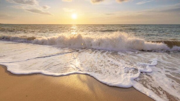 A beach with waves approaching the shore and a sunset in the background. - Strandslag 203 With Dunes View Balcony (Julianadorp)