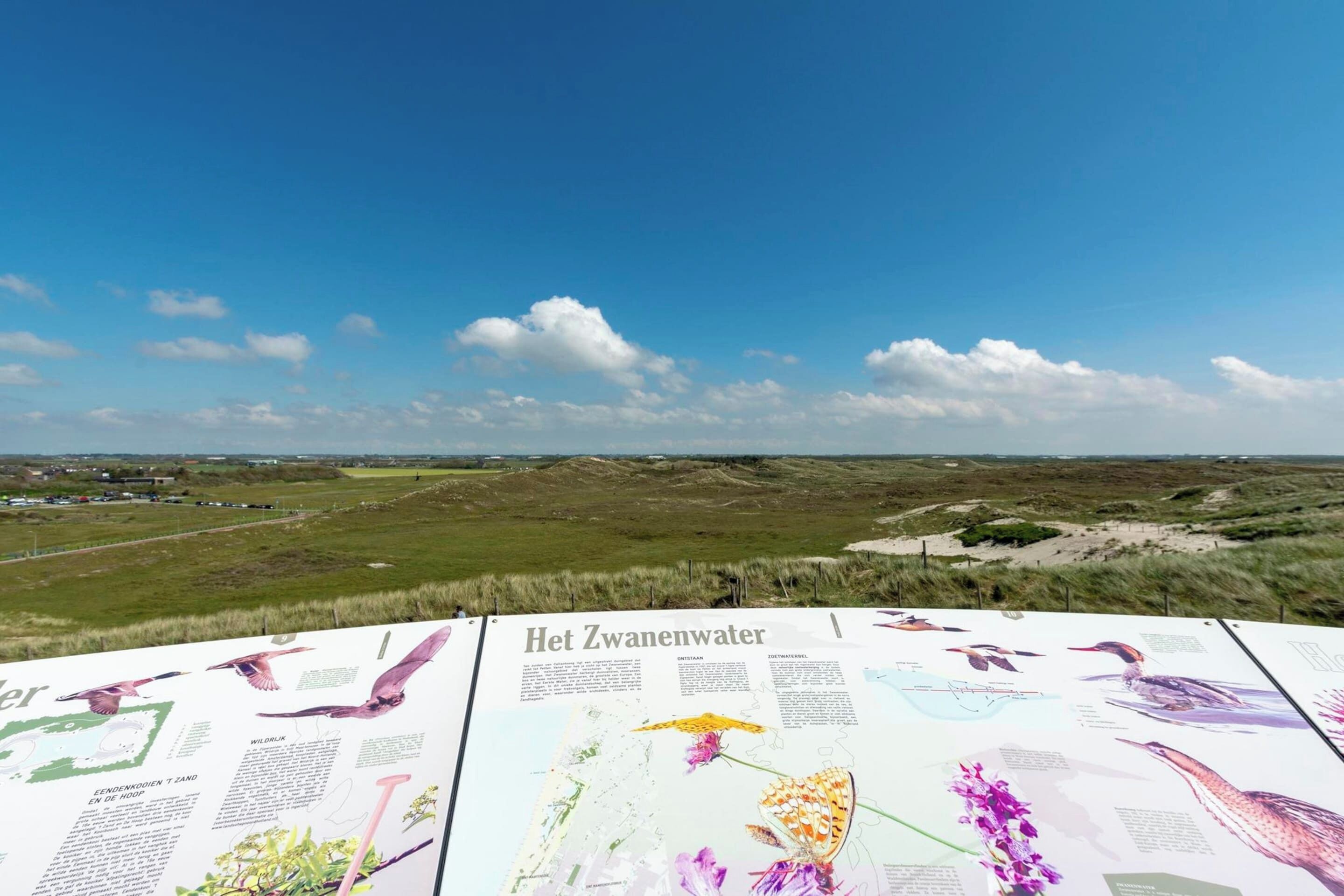 Un folleto titulado 'Het Zwanenwater' con información sobre la flora y fauna, frente a un paisaje herboso y un cielo despejado.