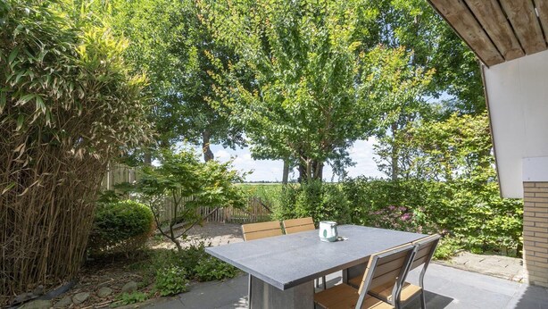 Une terrasse extérieure avec une table et des chaises, entourée d’une végétation luxuriante et d’arbres.