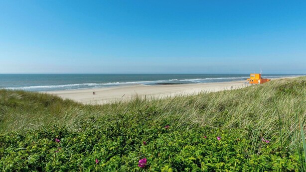 Une plage avec une tour de surveillance et des dunes herbeuses.