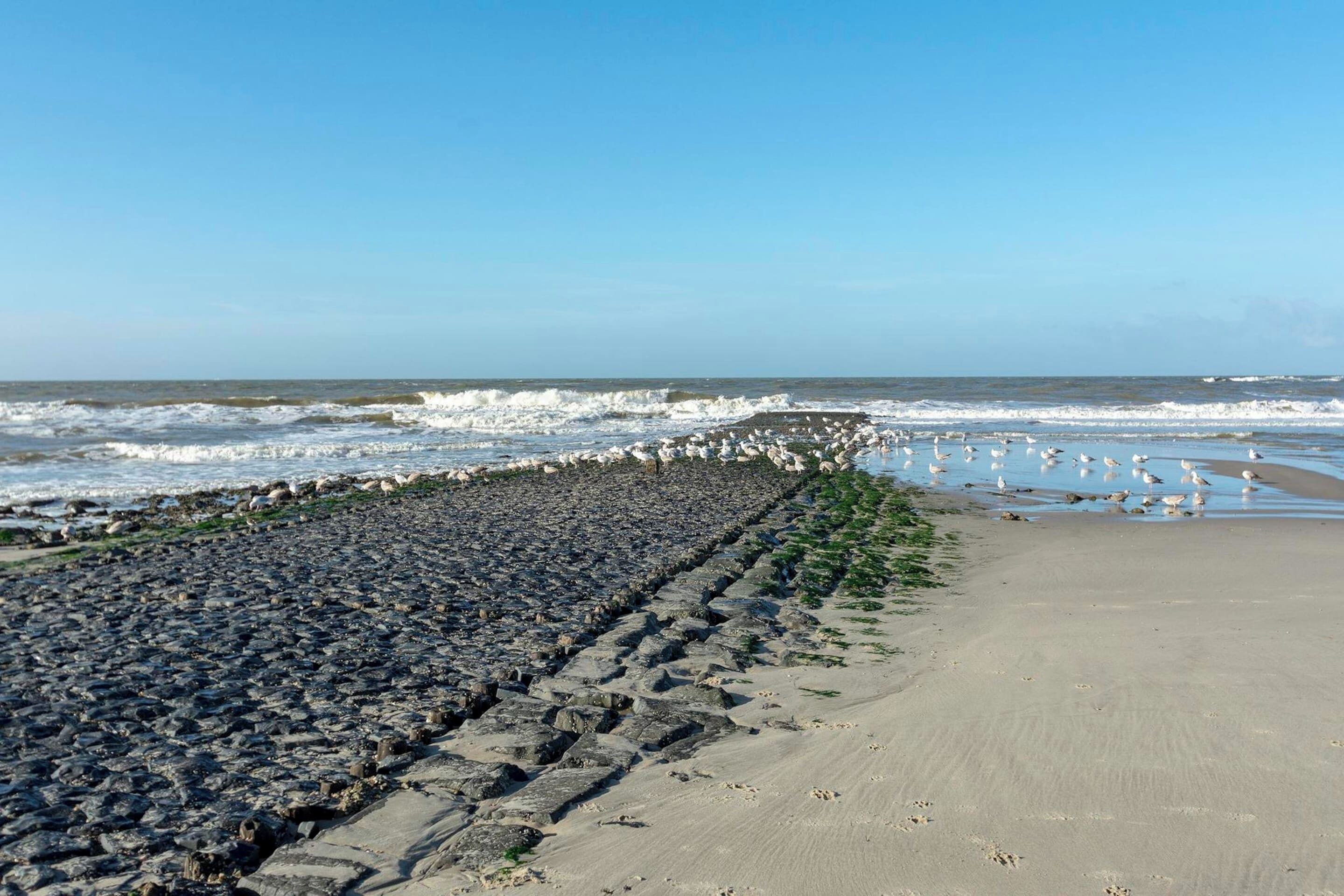 A coastal beach with a rocky breakwater and a sandy shore.