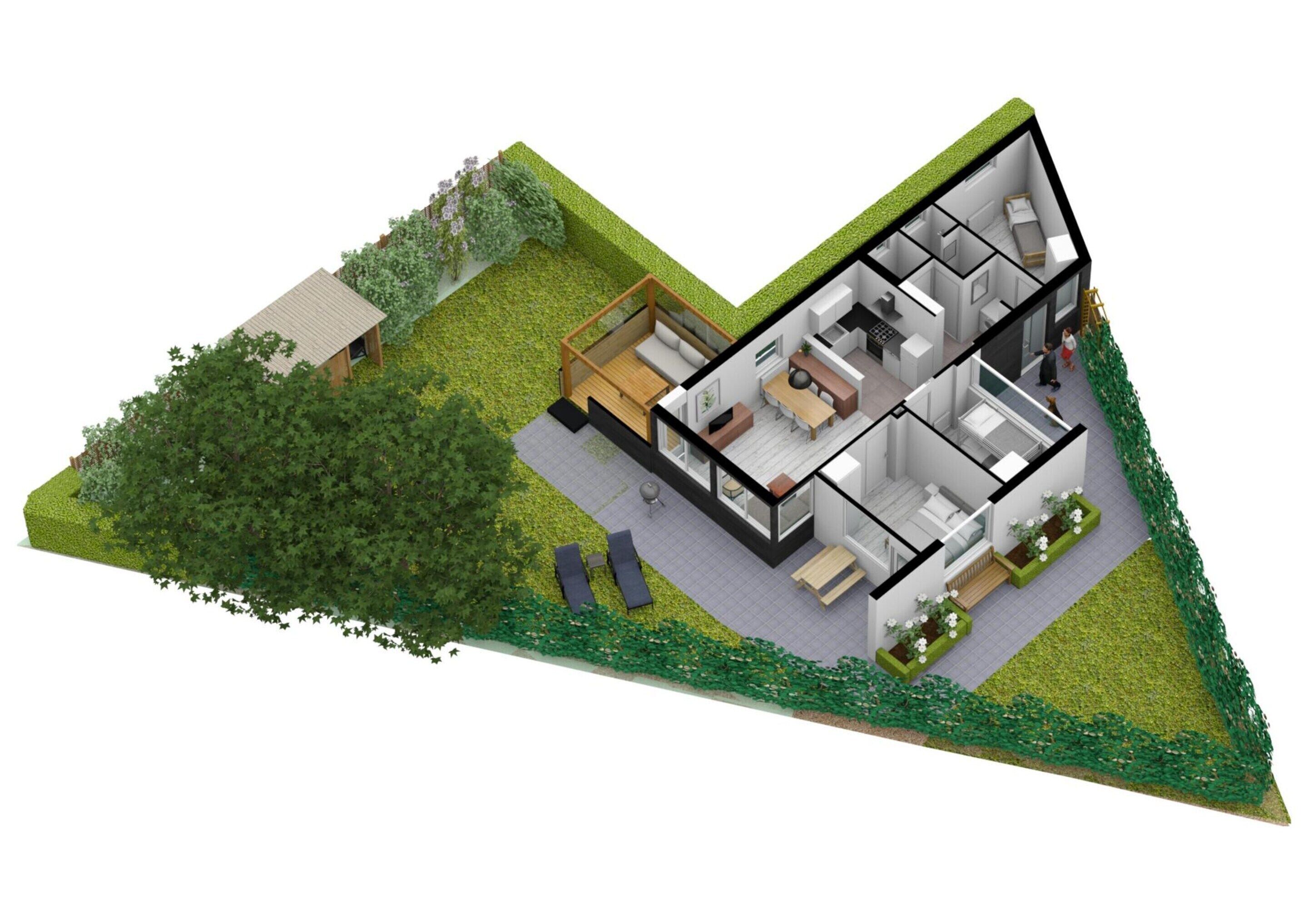 A modern two-story house with a balcony, a patio, and a garden.