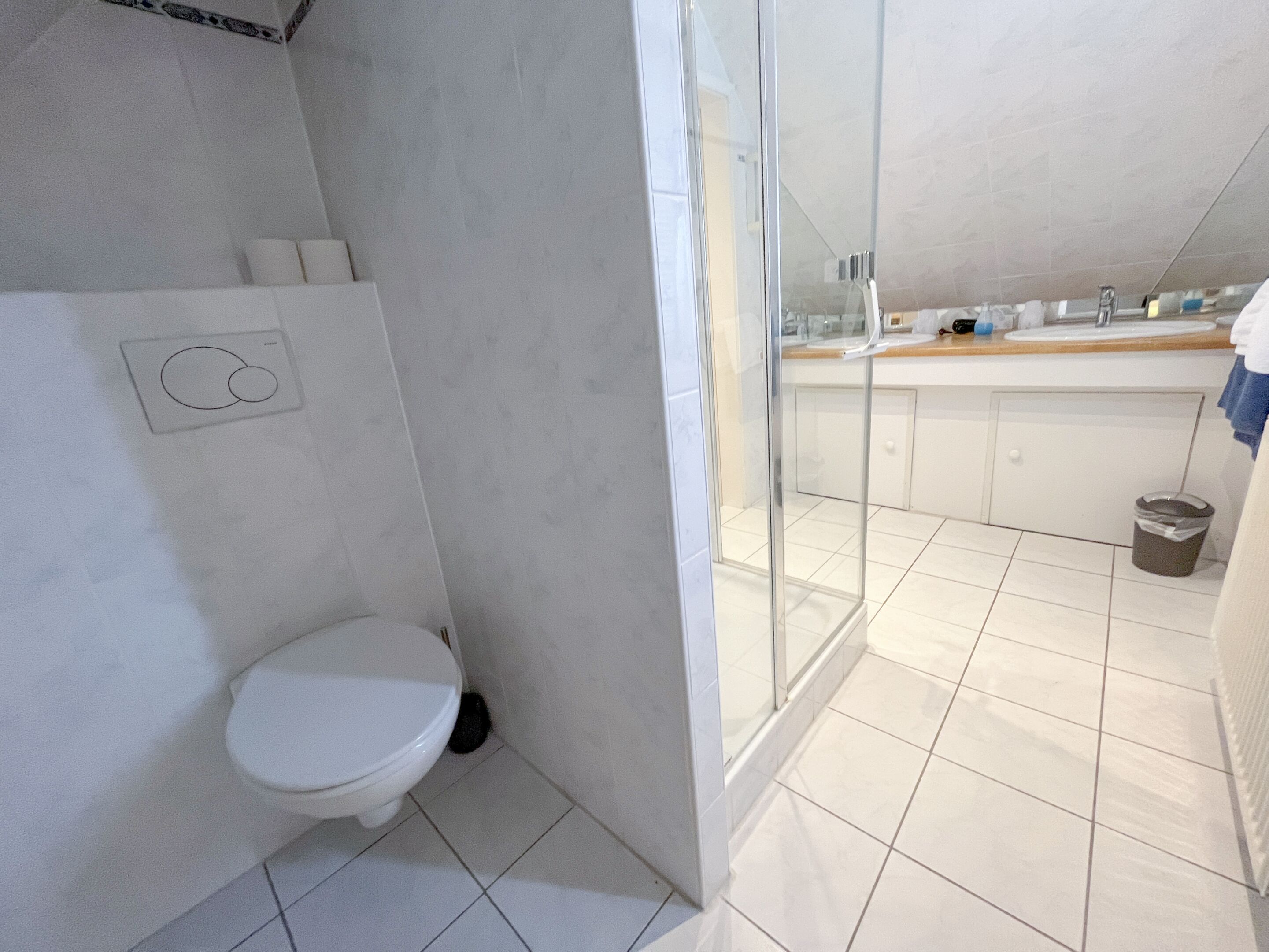 Un bagno moderno con il water, una zona doccia e un lavandino.