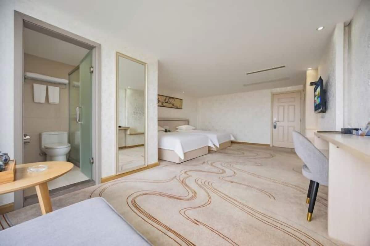 Una camera d'albergo con un letto, una scrivania, una sedia, uno specchio e un bagno.