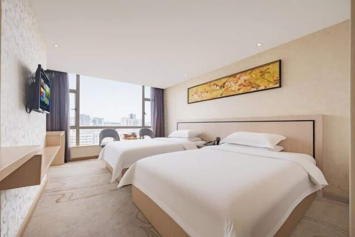 Camera d'albergo con due letti, televisore, un quadro e vista sulla città.