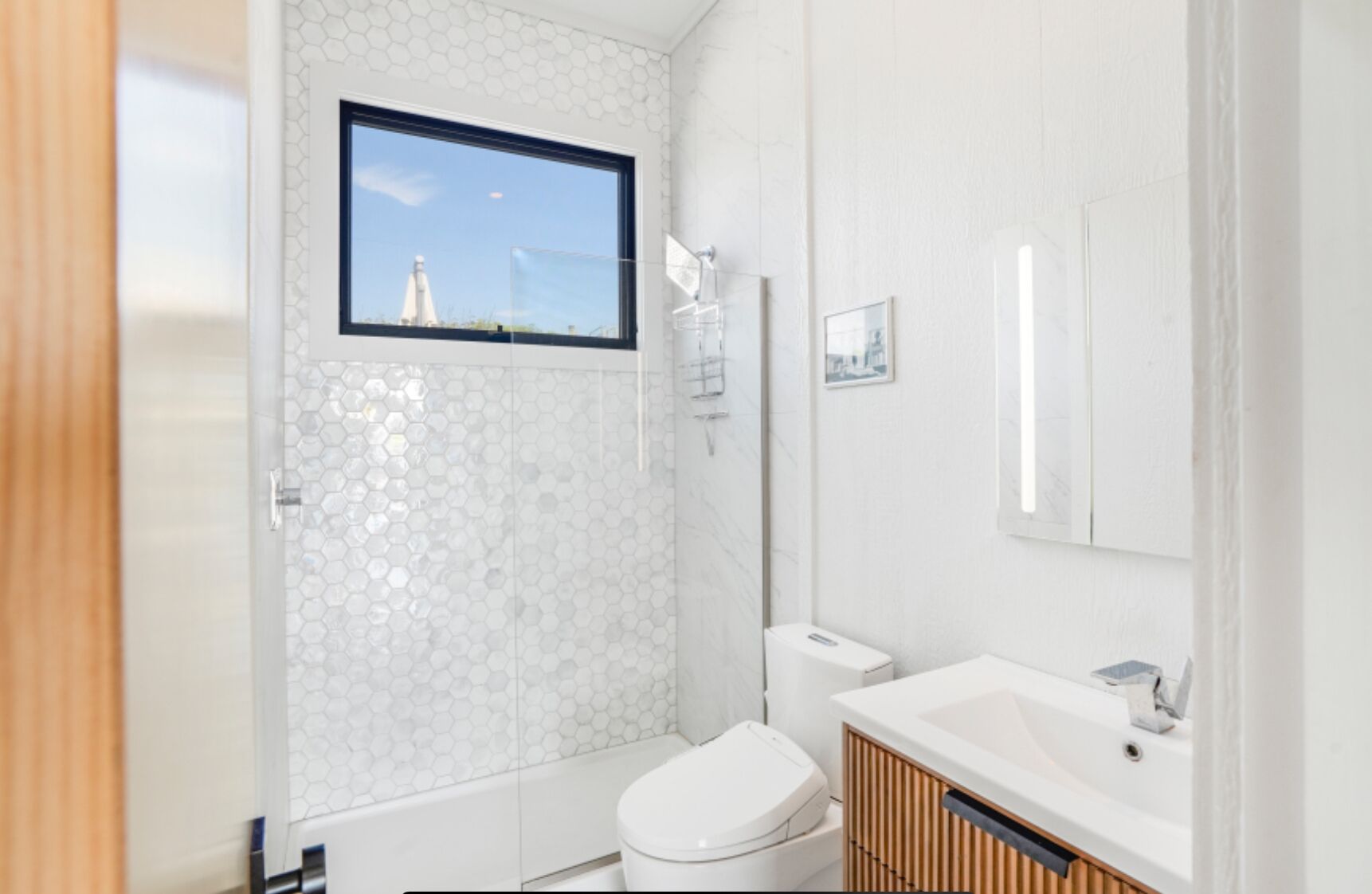 Shower, hair dryer, bidet, towels