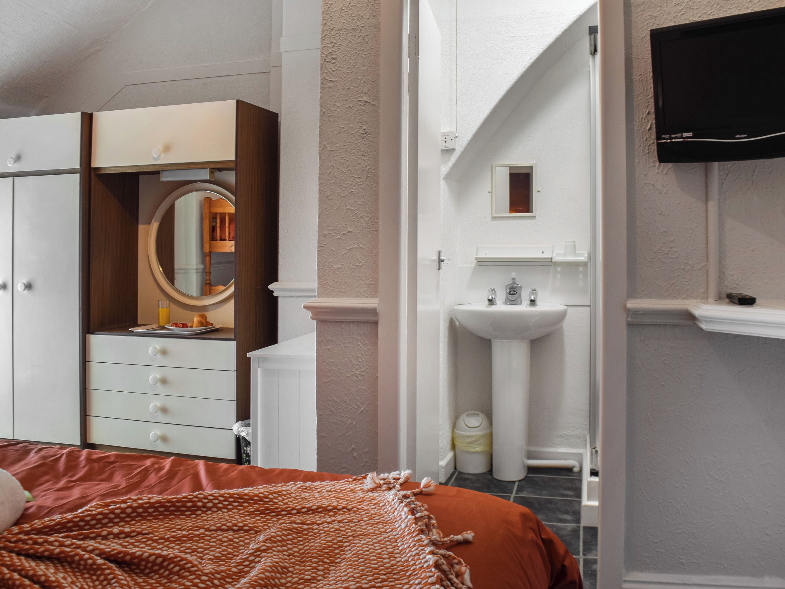 A bedroom with a bed, a wardrobe, a mirror, a sink, and a television.