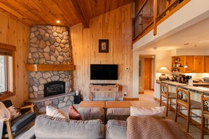 TV connectée, cheminée, livres, chaîne hi-fi