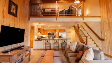 Smart TV, fireplace, books, stereo