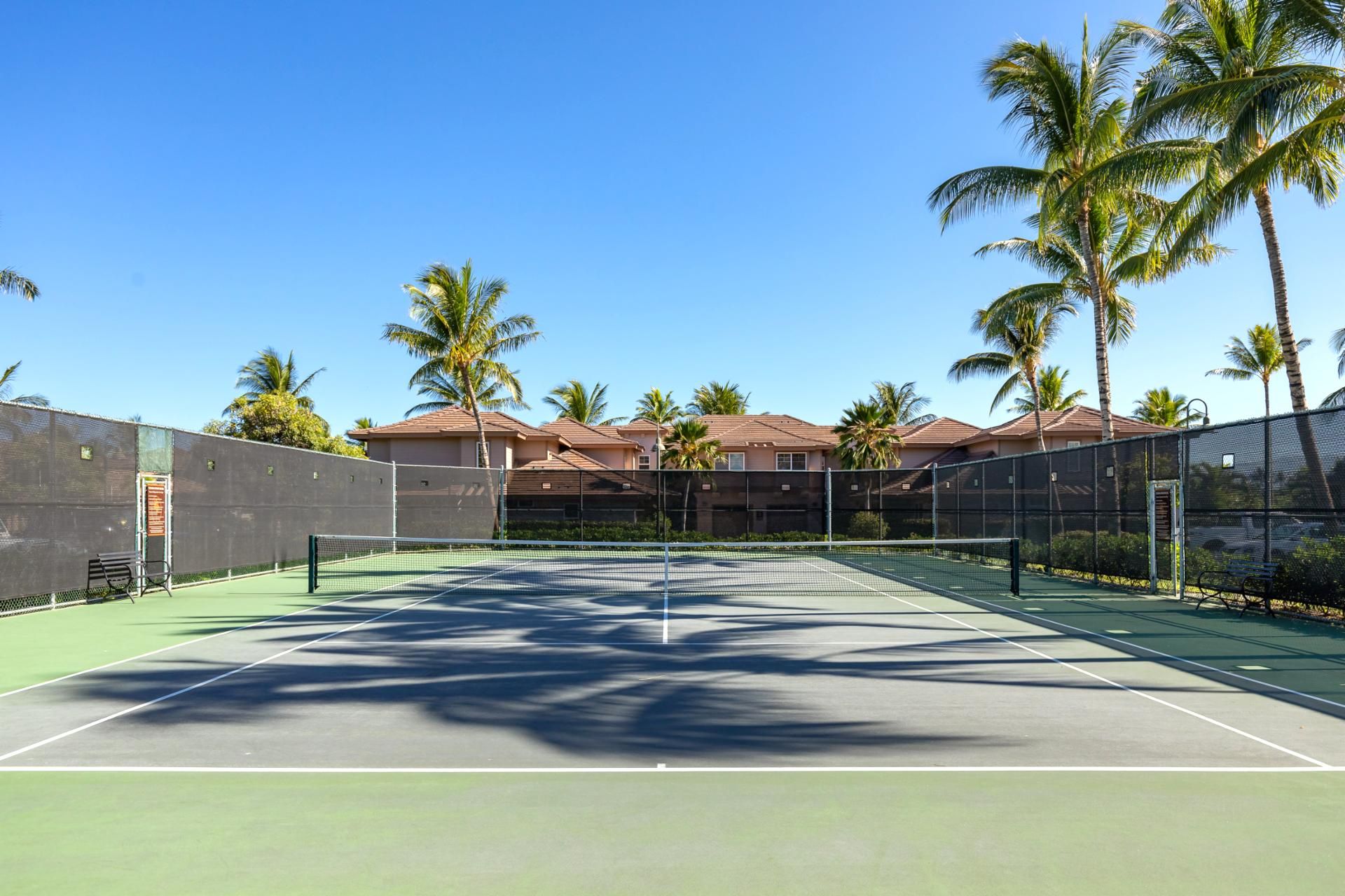 A tennis court with a net, surrounded by a fence, palm trees, and a building with a red roof in the background.