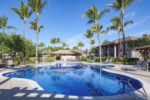 Une piscine avec des chaises longues, des palmiers et un bâtiment doté de balcons.