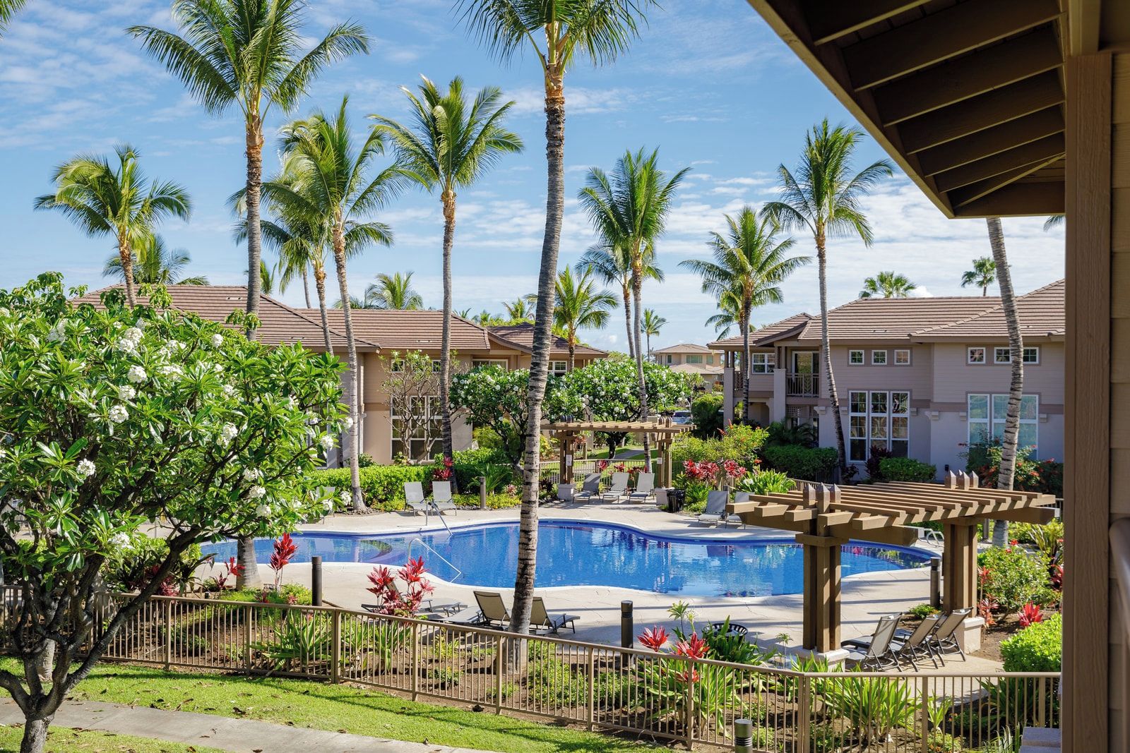 A resort with a swimming pool, palm trees, and a covered patio area.