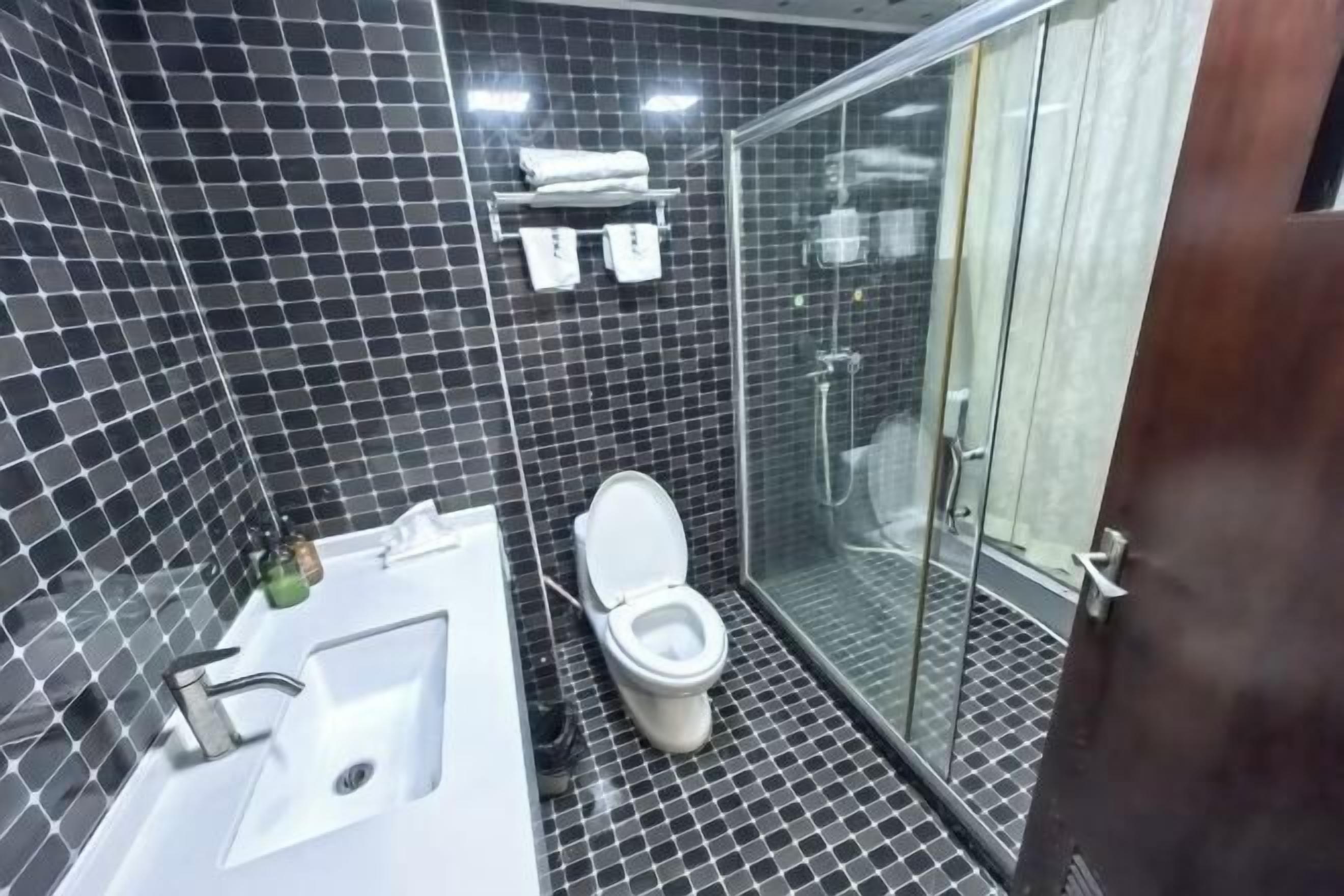 A modern bathroom with a glass shower enclosure, a white sink, and a toilet.