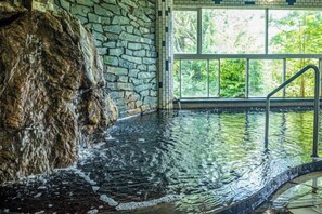 Une piscine intérieure aux murs en pierre, offrant une vue sur la verdure environnante.