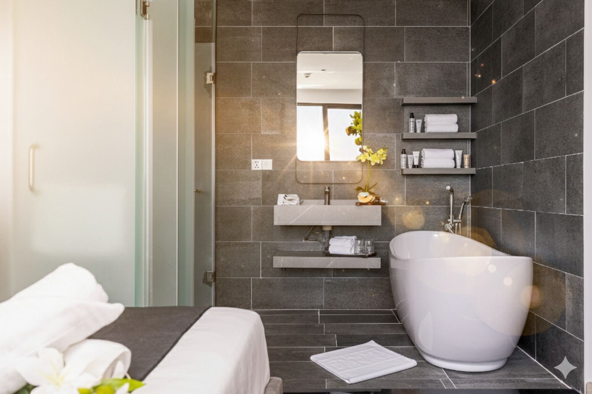 Ein modernes Badezimmer mit einer großen Badewanne, einem Waschtisch mit Spiegel und einem Ablagebereich für Toilettenartikel.