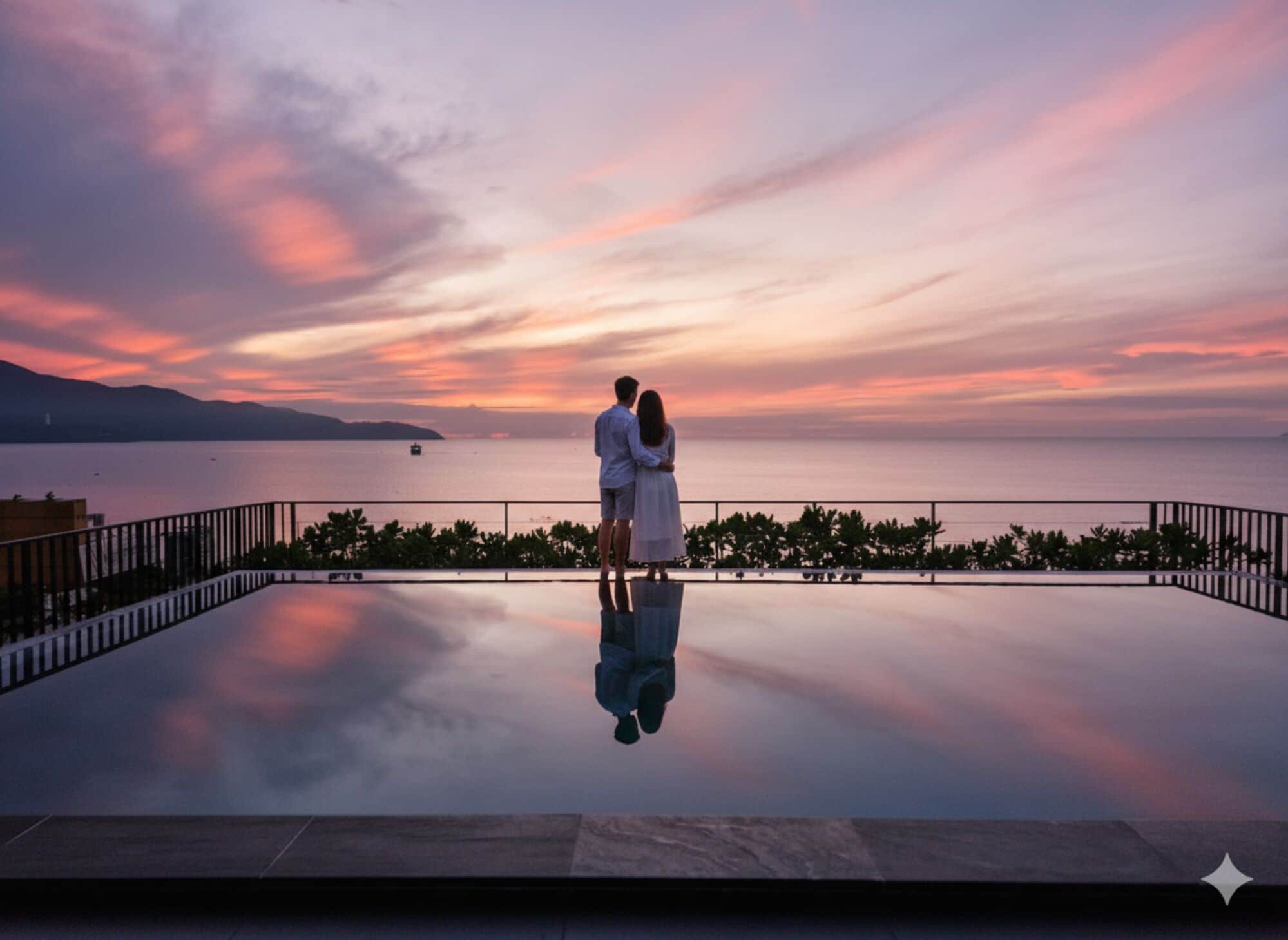 A couple standing on a reflective infinity pool with a view of the sea and sunset.