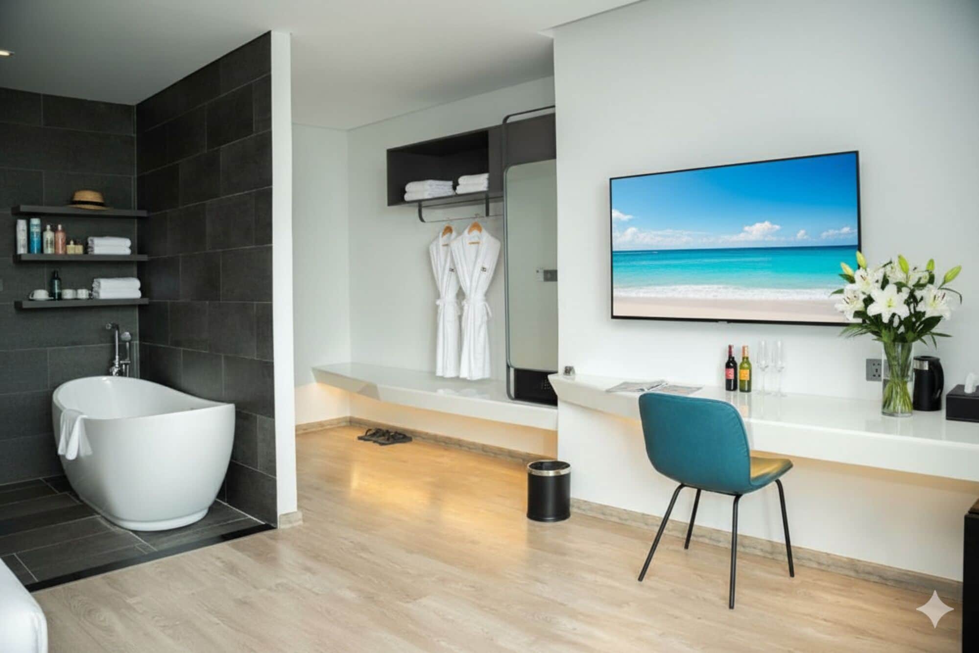 A modern bathroom with a freestanding bathtub, a vanity with a sink, and a large window with a beach view.